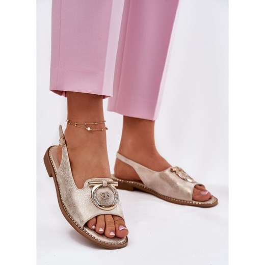 Sandały damskie S.Barski złote na płaskiej podeszwie 