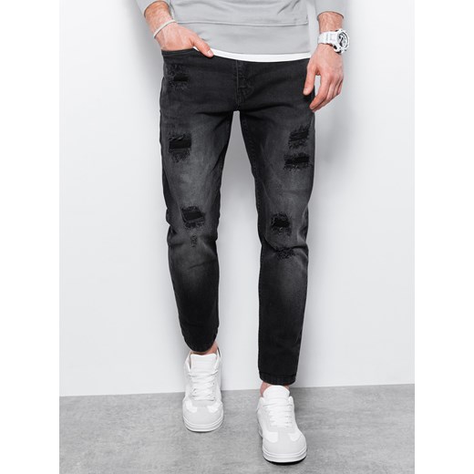 Spodnie męskie jeansowe z dziurami SLIM FIT - czarne P1025 XXL wyprzedaż ombre