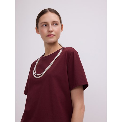 Reserved - T-shirt z odpinanym zdobieniem - bordowy Reserved M Reserved