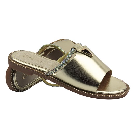 Klapki damskie ze skórzaną wkładką złote Potocki 25-08306 ze sklepu ulubioneobuwie w kategorii Klapki damskie - zdjęcie 183736245