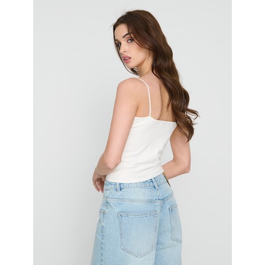 Sinsay - Gładki bawełniany top na cienkich ramiączkach - kremowy Sinsay L Sinsay