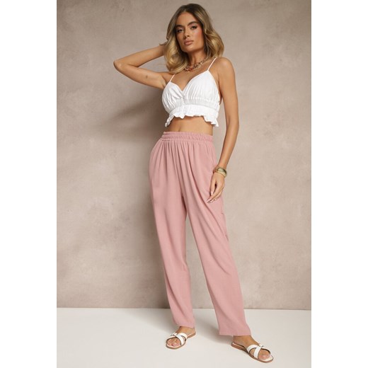 Różowe Spodnie z Bawełną o Szerokim Kroju High Waist Fanelithia ze sklepu renee.pl w kategorii Spodnie damskie - zdjęcie 183760515