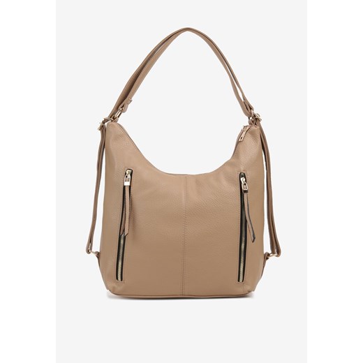 Ciemnobeżowa  Torebka Hobo z Regulowanym Paskiem i Kieszeniami z Ozdobnymi Suwakami Sanirael ze sklepu renee.pl w kategorii Torby Shopper bag - zdjęcie 183761267