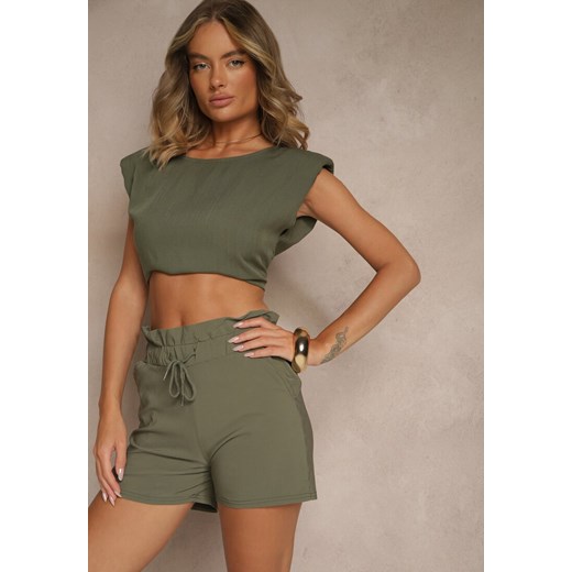 Zielone Szorty z Bawełną High Waist z Ozdobnym Sznurkiem Axemia ze sklepu renee.pl w kategorii Szorty - zdjęcie 183761329