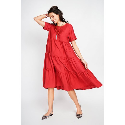 Sukienka czerwona Le Jardin Du Lin z krótkim rękawem midi rozkloszowana 