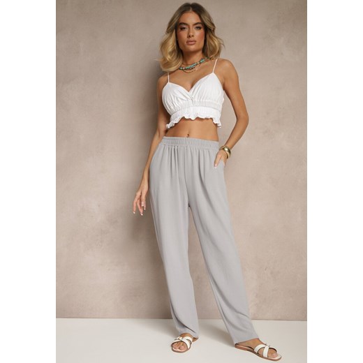 Szare Spodnie z Bawełną o Szerokim Kroju High Waist Fanelithia ze sklepu renee.pl w kategorii Spodnie damskie - zdjęcie 183764125