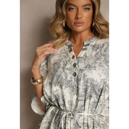 Szara sukienka Renee z długimi rękawami maxi casualowa oversize w abstrakcyjnym wzorze