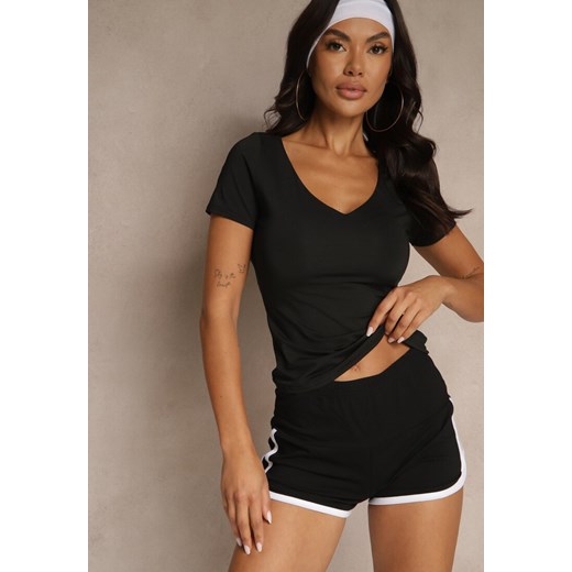Czarny Dopasowany T-shirt z Wiskozą z Dekoltem w Kształcie Litery V Follerea ze sklepu renee.pl w kategorii Bluzki damskie - zdjęcie 183764156