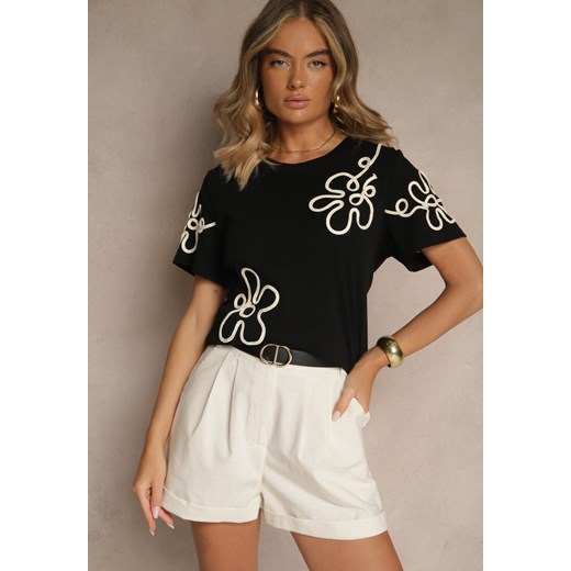 Czarny T-shirt Zdobiony Aplikacjami w Kształcie Kwiatów Tilasea ze sklepu renee.pl w kategorii Bluzki damskie - zdjęcie 183767215