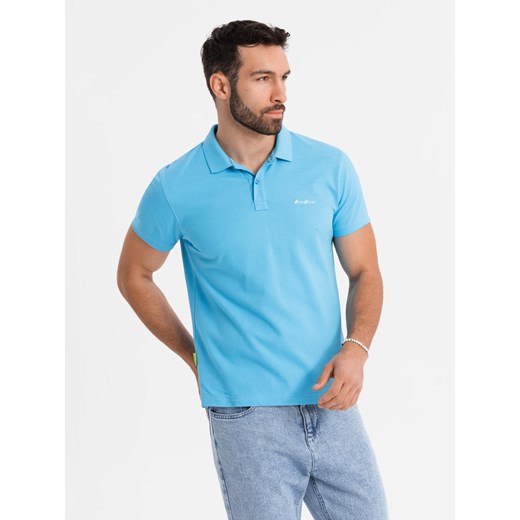 Koszulka polo z bawełnianej dzianiny pique – jasnoniebieska V3 OM-POSS-0103 ze sklepu ombre w kategorii T-shirty męskie - zdjęcie 183769247