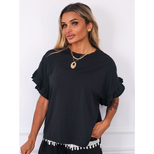 T-SHIRT OVERSIZE Z FALBANAMI NA RĘKAWACH- CZARNY ze sklepu olika.com.pl w kategorii Bluzki damskie - zdjęcie 183773837