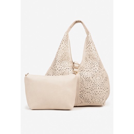 Beżowa Ażurowa Torebka Hobo z Dodatkową Saszetką Frosira ze sklepu born2be.pl w kategorii Torby Shopper bag - zdjęcie 183784917