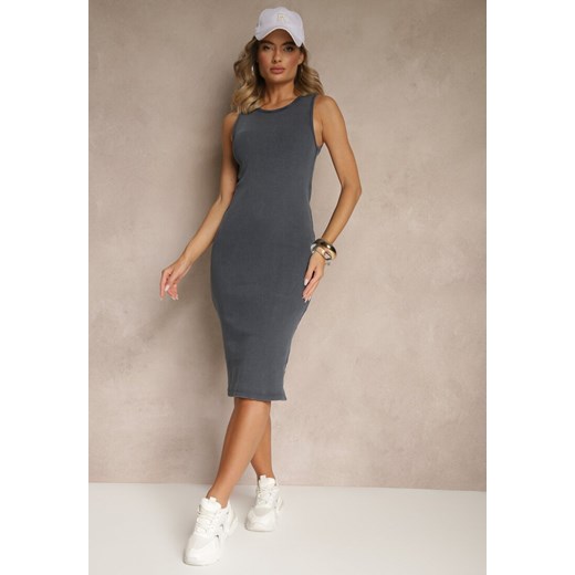 Granatowa Prążkowana Sukienka z Bawełny Typu Bodycon Ralithia ze sklepu renee.pl w kategorii Sukienki - zdjęcie 183801998
