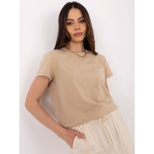 Gładki t-shirt z bawełny - beżowy ze sklepu Cudmoda w kategorii Bluzki damskie - zdjęcie 183804209