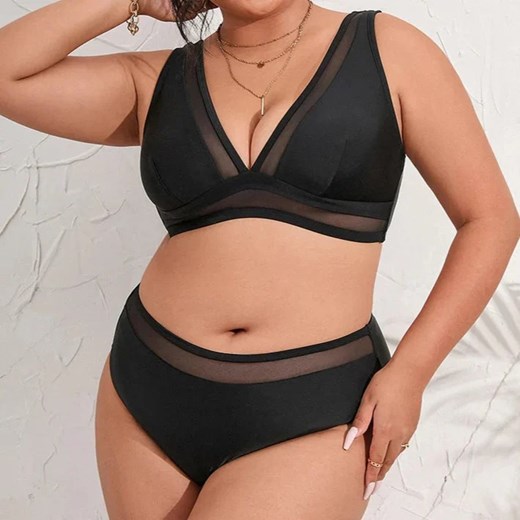Dwuczęściowy strój kąpielowy plus size z wysokim stanem majtek - Czarny / L ze sklepu Valetta.pl w kategorii Stroje kąpielowe - zdjęcie 183804718