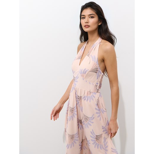 Beżowa sukienka Mohito bez rękawów z dekoltem w literę v na wiosnę casual midi w kwiaty 