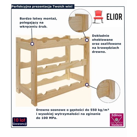 Naturalny drewniany regał na 12 butelek wina - Bottle 3X Elior One Size Edinos.pl