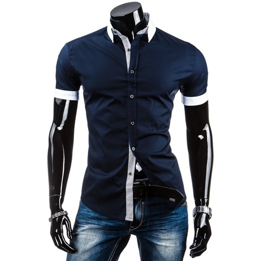 Koszula z krótkim rękawem slim fit (kx0603) - Granatowy dstreet czarny bawełna