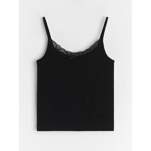 Sinsay - Top z prążkowanej dzianiny z ozdobną koronką przy dekolcie - czarny Sinsay XL Sinsay