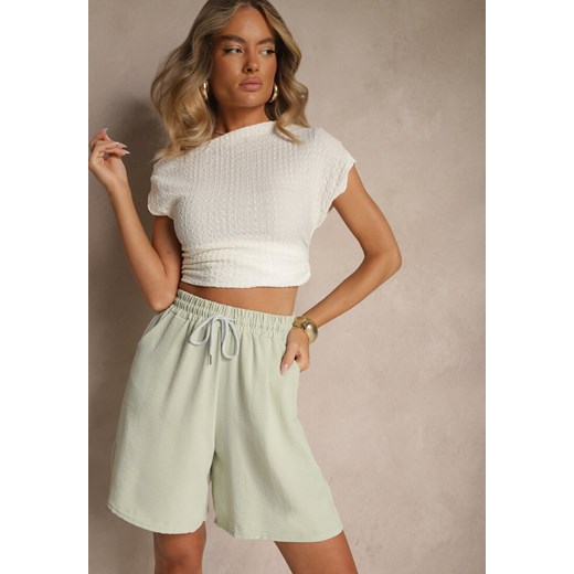 Jasnozielone Szorty z Bawełną High Waist Ozdobione Sznurkiem Talanisse ze sklepu renee.pl w kategorii Szorty - zdjęcie 183848707