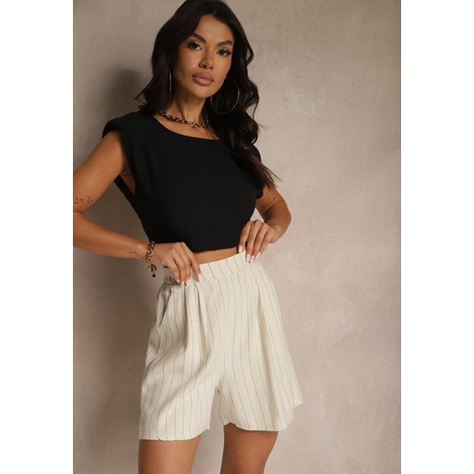 Beżowe Szorty z Lnem i Wiskozą High Waist w Paski Kolirelle ze sklepu renee.pl w kategorii Szorty - zdjęcie 183854105