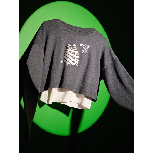 Reserved - Dwuwarstwowa koszulka Pusheen - jasnoszary ze sklepu Reserved w kategorii Bluzki dziewczęce - zdjęcie 183855916