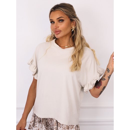 T-SHIRT OVERSIZE Z FALBANAMI NA RĘKAWACH- BEŻOWY ze sklepu olika.com.pl w kategorii Bluzki damskie - zdjęcie 183858558