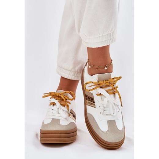 Sneakersy Damskie Na Platformie Z Podwójnym Sznurowaniem Panterka Białe ze sklepu ButyModne.pl w kategorii Buty sportowe damskie - zdjęcie 183860787