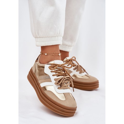 Sneakersy Damskie Na Platformie Z Podwójnym Sznurowaniem Panterka Złote złoty ze sklepu ButyModne.pl w kategorii Buty sportowe damskie - zdjęcie 183860788