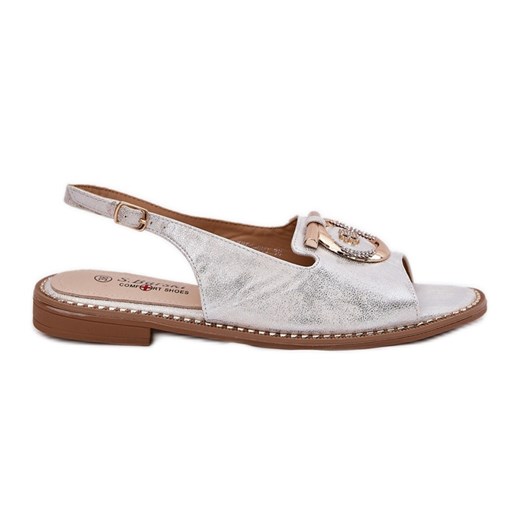 Eleganckie Sandały Z Ozdobą Na Płaskim Obcasie S.Barski KV51-003 Srebrne srebrny ze sklepu ButyModne.pl w kategorii Sandały damskie - zdjęcie 183860888
