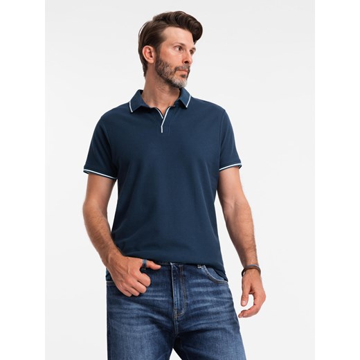 Koszulka męska polo z dzianiny pique bez guzików - granatowa V3 OM-POSS-0110 ze sklepu ombre w kategorii T-shirty męskie - zdjęcie 183868548