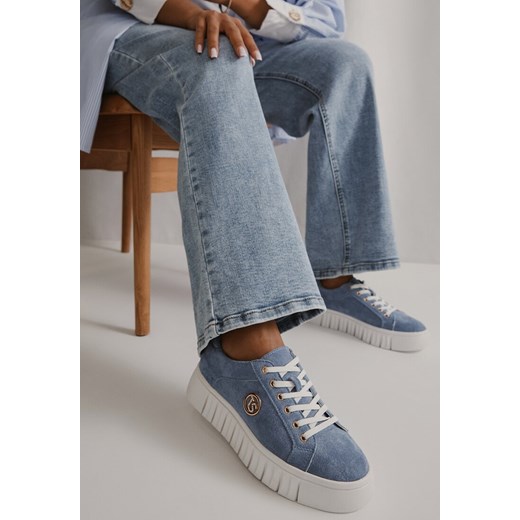 Niebieskie Sneakersy Vices na Grubej Tłoczonej Podeszwie ze Sznurowaniem i Metaliczną Ozdobą Ulfedi ze sklepu born2be.pl w kategorii Buty sportowe damskie - zdjęcie 183869628