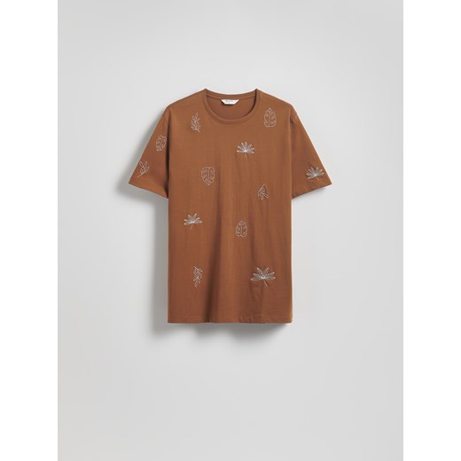 Reserved - T-shirt regular z haftem - warm olive Reserved S Reserved