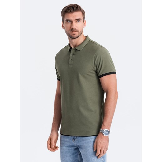 Męska bawełniana koszulka polo z kontrastowymi wykończeniami – oliwkowa V6 OM-POSS-0113 ze sklepu ombre w kategorii T-shirty męskie - zdjęcie 183875868
