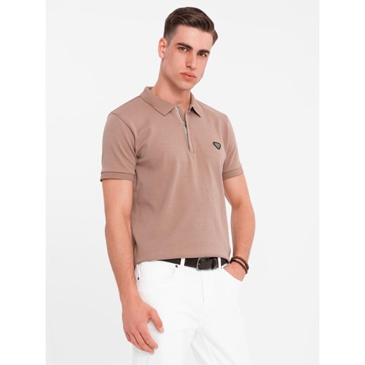 Koszulka męska polo z dekoltem na zamek - jasnobrązowa V3 OM-POSS-0148 ze sklepu ombre w kategorii T-shirty męskie - zdjęcie 183875938