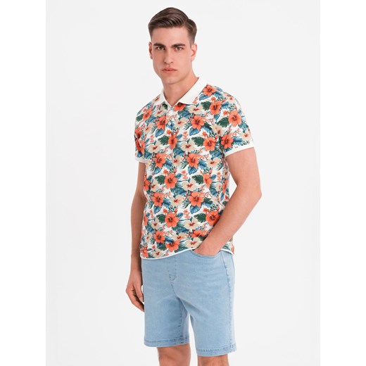Koszulka polo bawełniana z nadrukiem w kwiaty – biała V1 OM-POSS-0149 ze sklepu ombre w kategorii T-shirty męskie - zdjęcie 183875967