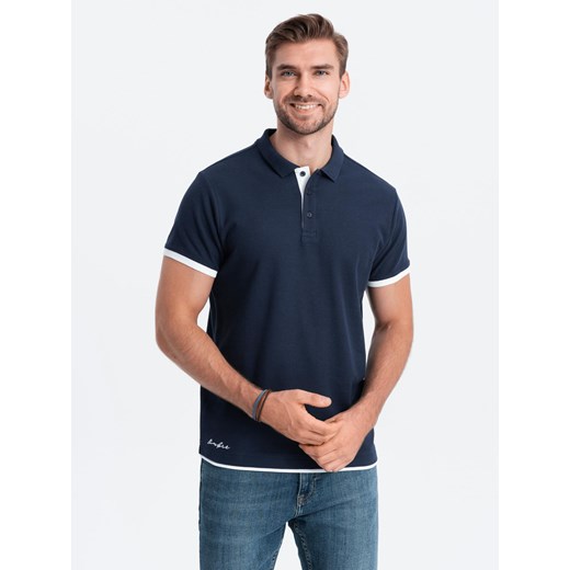 Bawełniana męska koszulka polo z kontrastowymi wykończeniami – granatowa V4 OM-POSS-0113 ze sklepu ombre w kategorii T-shirty męskie - zdjęcie 183876026