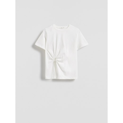 Reserved - T-shirt z ozdobnym wycięciem - złamana biel Reserved M Reserved