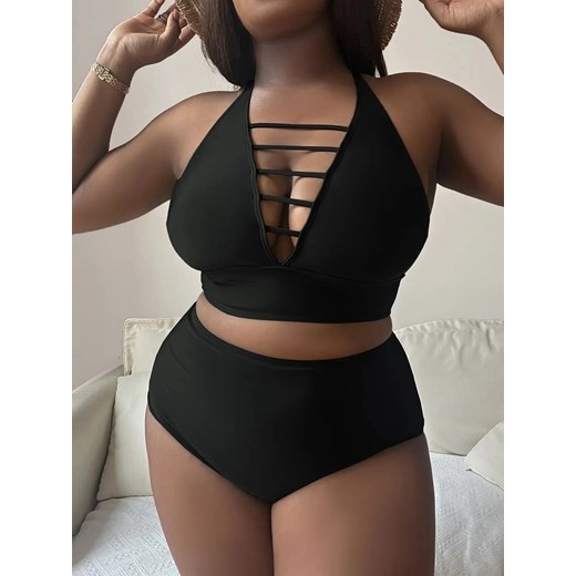 Dwuczęściowy strój kąpielowy plus size z głębokim dekoltem - Czarny / L ze sklepu Valetta.pl w kategorii Stroje kąpielowe - zdjęcie 183880677