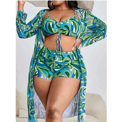 Dwuczęściowy strój kąpielowy plus size z ozdobnym wiązaniem - Zielony / L ze sklepu Valetta.pl w kategorii Komplety i garnitury damskie - zdjęcie 183881498