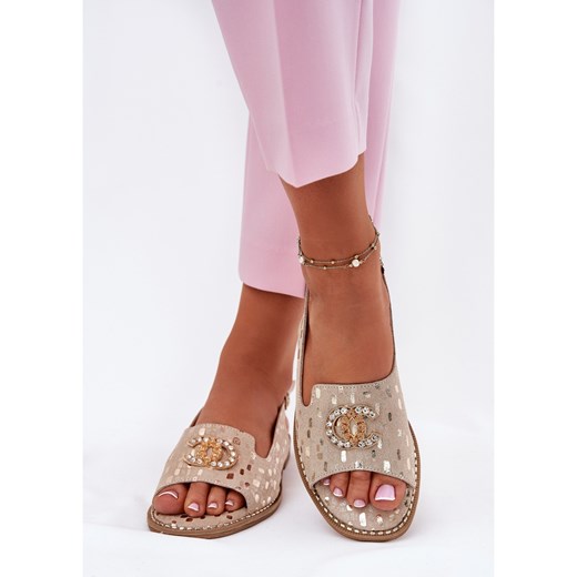 S.Barski sandały damskie beżowe skórzane z klamrą 