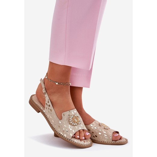 Sandały damskie S.Barski z klamrą casual skórzane płaskie 