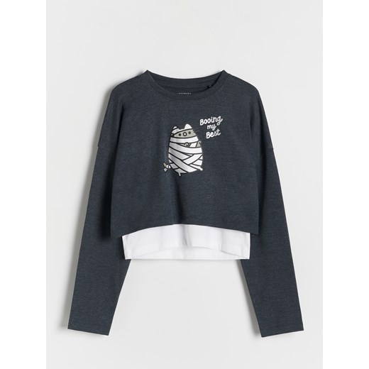 Reserved - Dwuwarstwowa koszulka Pusheen - jasnoszary ze sklepu Reserved w kategorii Bluzki dziewczęce - zdjęcie 183887396