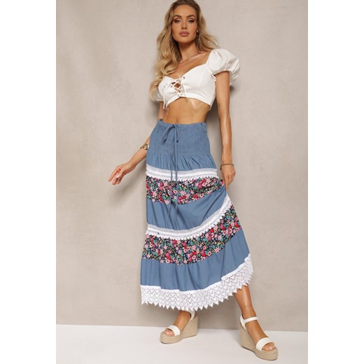 Biało-Niebieska Bawełniana Spódnica High Waist z Gumką w Talii i Ozdobną Koronką Tesaquin ze sklepu renee.pl w kategorii Spódnice - zdjęcie 183889495