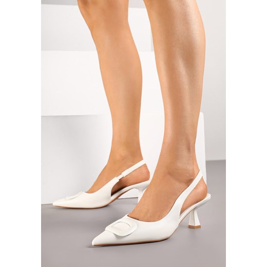 Białe Sandały na Szpilce Kaczuszce Slingback z Geometryczną Aplikacją Melanoriel ze sklepu renee.pl w kategorii Czółenka - zdjęcie 183897009