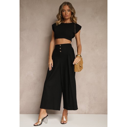 Czarne Spodnie Culottes High Waist z Bawełny Zdobione Guzikami Izuma ze sklepu renee.pl w kategorii Spodnie damskie - zdjęcie 183913345