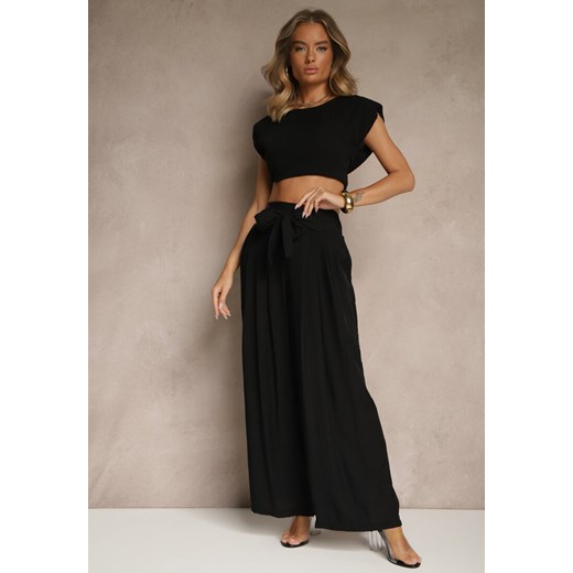 Czarne Wiskozowe Spodnie High Waist o Szerokim Kroju Aranisa Renee XL wyprzedaż renee.pl