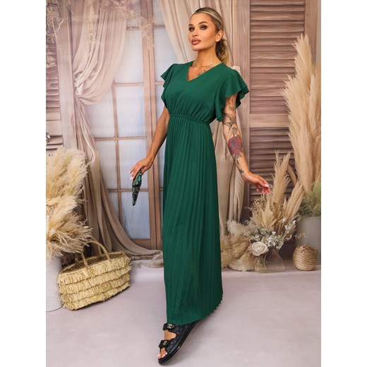 SUKIENKA MAXI PLISOWANA Z FALBANAMI PRZY RĘKAWACH- ZIELONA ze sklepu olika.com.pl w kategorii Sukienki - zdjęcie 183923365