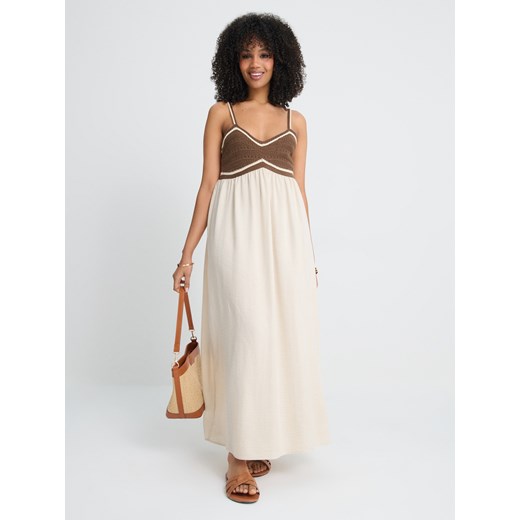 Sinsay - Maxi sukienka na ramiączkach w stylu boho - kremowy Sinsay L Sinsay