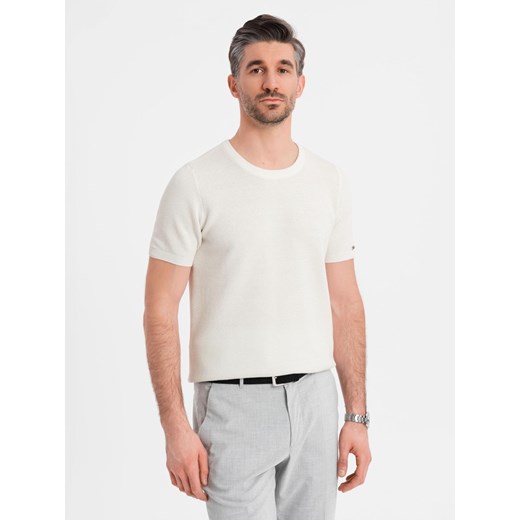 Dzianinowa koszulka męska z delikatną drobną strukturą -  biała V1 OM-TSCT-0244 ze sklepu ombre w kategorii T-shirty męskie - zdjęcie 183933636
